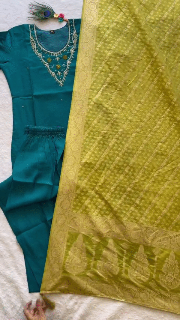 Teal Embroidered Kurta Set with Golden Banarasi Dupatta – Elegant Festive Wear for Women | Traditional Three-Piece Suit for Weddings, Celebrations & Cultural Events - Image 2