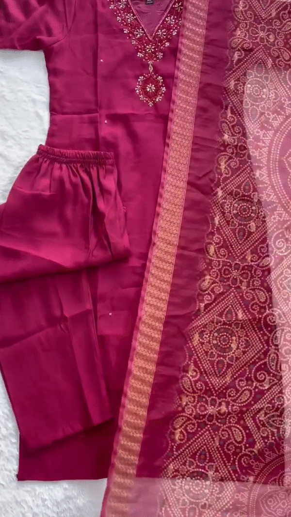 Rich Maroon Silk Blend Kurta Set – Delicately Embroidered V-Neck with Beaded Floral Accents, Paired with Matching Pants and a Traditional Bandhani-Style Dupatta in Golden Motifs – Perfect for Festive & Ethnic Wear - Image 2