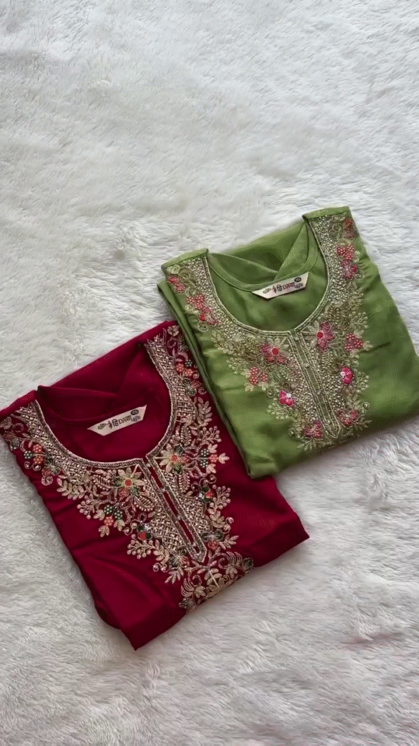 Elegant Maroon and Green Heavy Embroidered Soft Fabric Straight-Cut Suit Set with Intricate Thread and Sequin Work Paired with Rich Banarasi Dupatta – Perfect for Festive and Traditional Occasions - Image 2