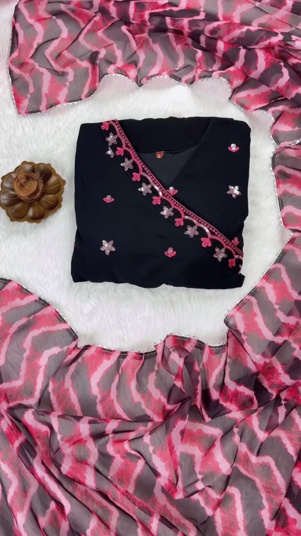 Black Georgette Anarkali Kurta Set with Pink Floral Embroidery, Matching Zigzag Pattern Dupatta, and Solid Bottoms – Perfect for Festive and Ethnic Occasions