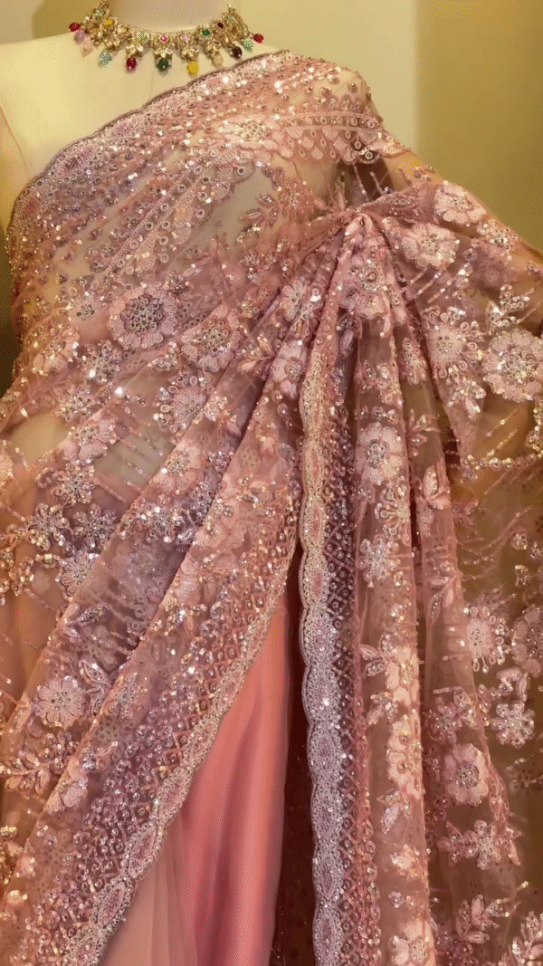 Designer Dusty Rose Pink Net Saree with Heavy Sequin and Floral Embroidery Work, Paired with a Matching Satin Underskirt and Complementary Festive Choker Necklace – Ideal for Weddings, Receptions, and Special Occasions - Image 3