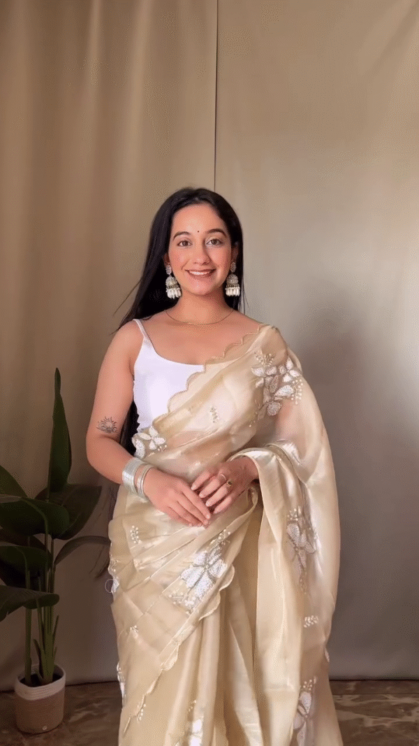 Dual Tone Saree Combo Featuring Cream Organza Saree with Intricate White Floral Embroidery and Scalloped Edges Paired with Teal Blue Silk Saree Accentuated with Gold Zari Detailing and Delicate Embroidered Border – Perfect Blend of Grace and Festive Glamour