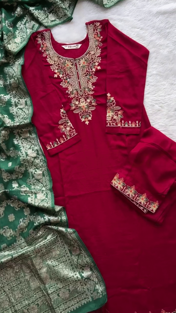Elegant Maroon and Green Heavy Embroidered Soft Fabric Straight-Cut Suit Set with Intricate Thread and Sequin Work Paired with Rich Banarasi Dupatta – Perfect for Festive and Traditional Occasions