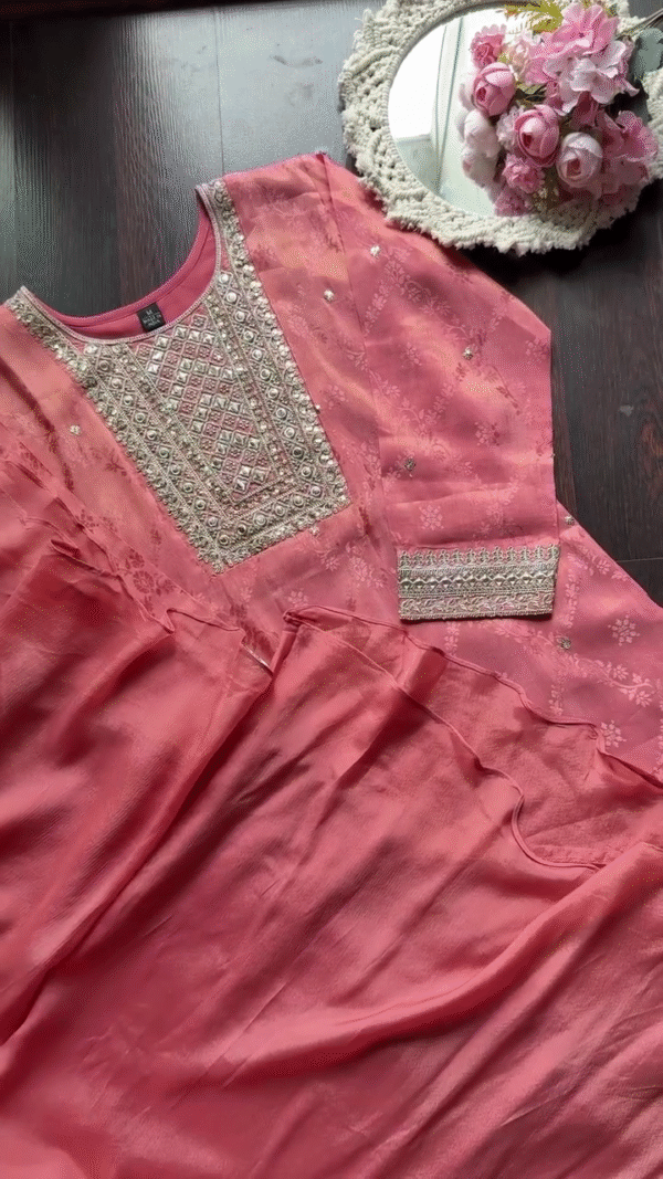 Rose Pink Silk Straight Suit Set Featuring Intricate Mirror and Thread Embroidered Yoke, Subtle Floral Motifs on Kurta, Embellished Sleeve Cuffs, and Matching Flowing Bottom – Perfect for Festive and Ethnic Occasions - Image 2
