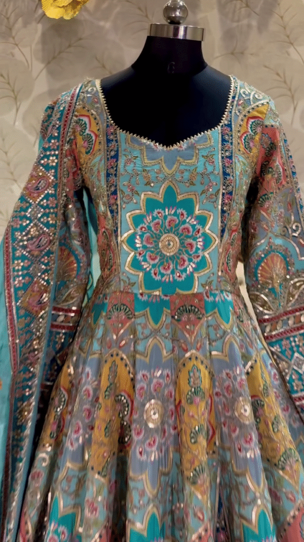 Multicolor Hand-Embroidered Anarkali Gown with Traditional Floral and Geometric Motifs, Full-Length Flared Design, and Matching Embellished Dupatta – Perfect for Weddings, Festive Occasions, and Cultural Celebrations - Image 2