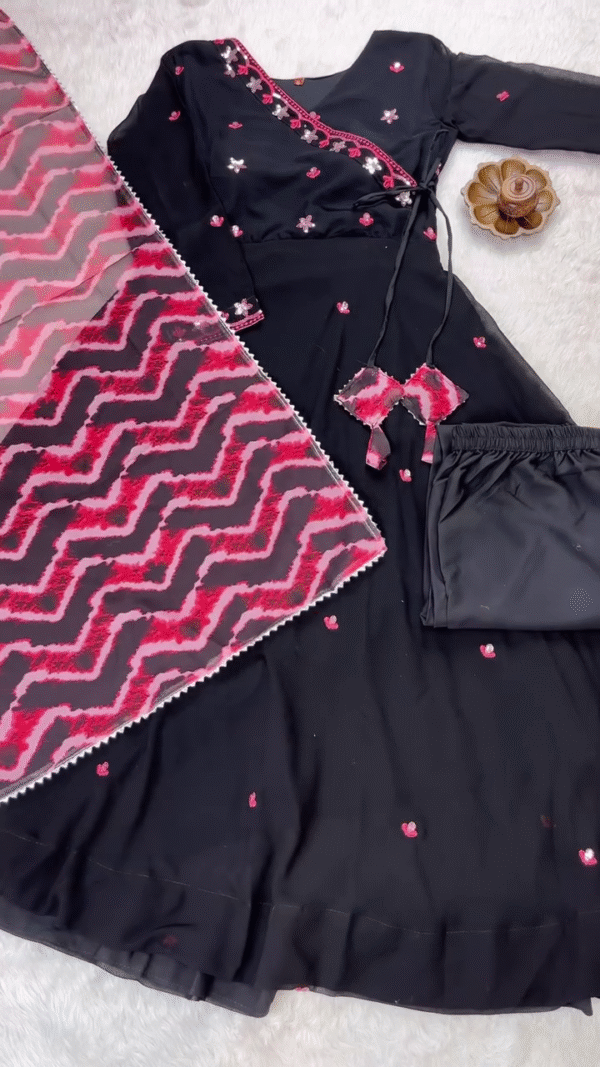 Black Georgette Anarkali Kurta Set with Pink Floral Embroidery, Matching Zigzag Pattern Dupatta, and Solid Bottoms – Perfect for Festive and Ethnic Occasions - Image 2