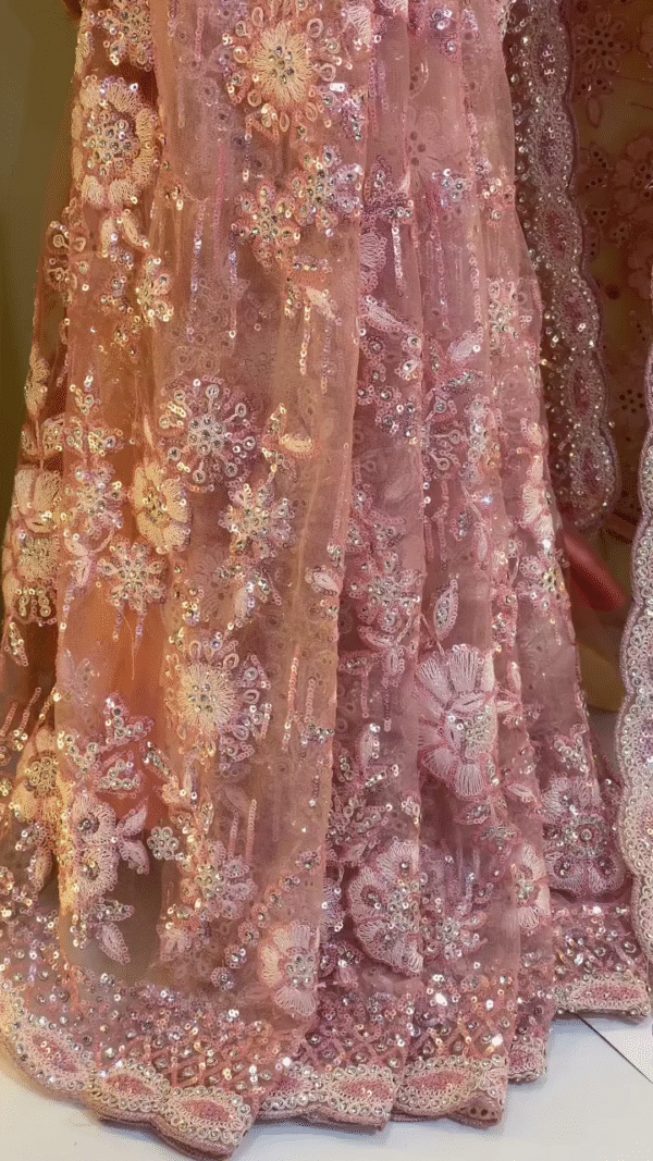 Designer Dusty Rose Pink Net Saree with Heavy Sequin and Floral Embroidery Work, Paired with a Matching Satin Underskirt and Complementary Festive Choker Necklace – Ideal for Weddings, Receptions, and Special Occasions - Image 2