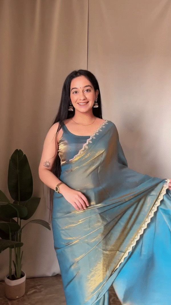 Dual Tone Saree Combo Featuring Cream Organza Saree with Intricate White Floral Embroidery and Scalloped Edges Paired with Teal Blue Silk Saree Accentuated with Gold Zari Detailing and Delicate Embroidered Border – Perfect Blend of Grace and Festive Glamour - Image 2