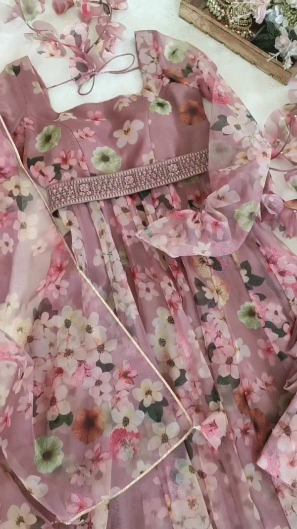 Mauve Pink Floral Organza Lehenga Choli Set with Square Neck Blouse, Sheer Full Sleeves, Embellished Waist Belt, and Matching Dupatta – Perfect for Festive Occasions, Weddings, and Party Wear