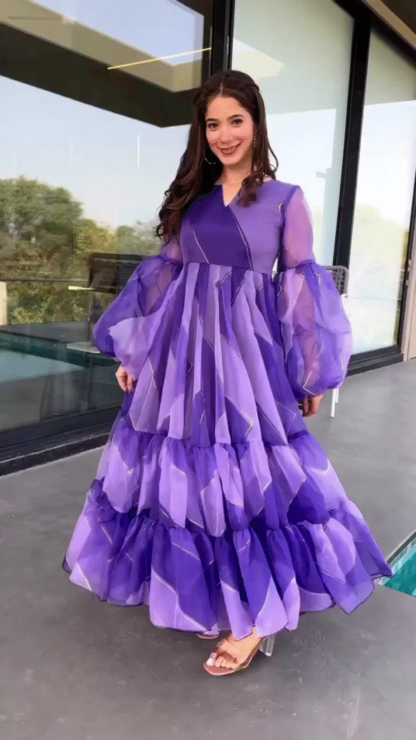 Layered Purple Gown with Sheer Puff Sleeves and V-Neckline Featuring Geometric Patterned Tiers Perfect for Parties and Special Occasions