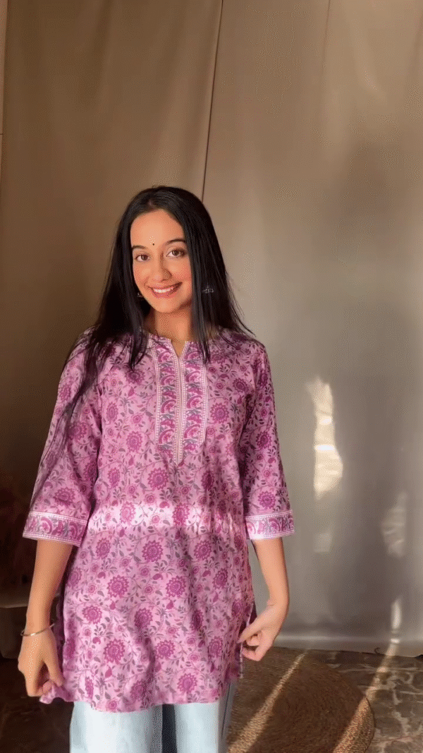 Pure Cotton Floral Printed Short Kurtis for Women with 3/4th and Full Sleeves, Soft and Breathable Fabric, Traditional Block Print Design in Pink and Blue Variants, Perfect for Daily Wear, Work, or Casual Outings