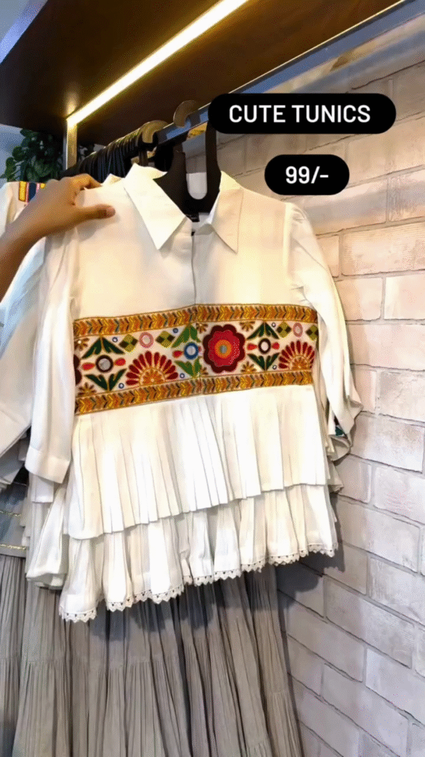 Elegant White Pleated Tunics with Vibrant Multicolor Embroidered Yoke and Collar Neck Detailing – Perfect for Festive and Casual Wear