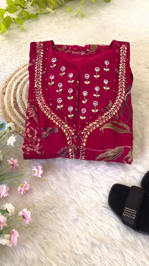 Maroon Floral Printed Anarkali Kurta with Intricate Mirror Work, Thread Embroidery on Neckline and Sleeves, and Flared Silhouette – Ideal for Festive and Traditional Wear