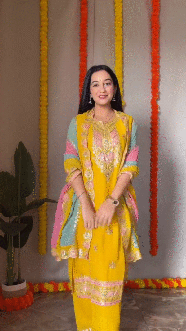 Punjabi Suit Set Featuring Intricate Multicolor Embroidery, Mirror and Sequin Work with Coordinated Dupattas In Multi Shades – Perfect for Festive and Traditional Celebrations