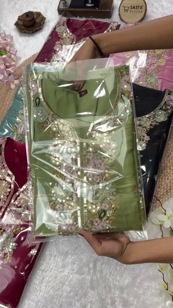 Elegant Women's Ethnic Wear Set – Premium Embroidered Silk Kurti with Sequin & Mirror Work, Matching Dupatta & Bottom – Available in Multiple Festive Colors