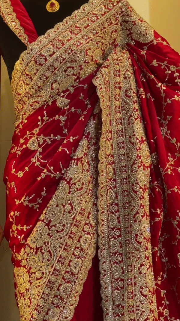 Bridal Wear Heavy Embroidered Red Velvet Saree with Intricate Golden Zari and Sequin Work, Rich Designer Border, and Traditional Ethnic Detailing Perfect for Weddings and Festive Occasions - Image 2