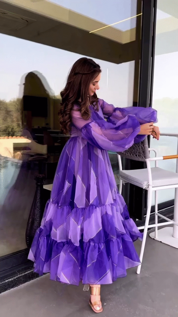 Layered Purple Gown with Sheer Puff Sleeves and V-Neckline Featuring Geometric Patterned Tiers Perfect for Parties and Special Occasions - Image 2