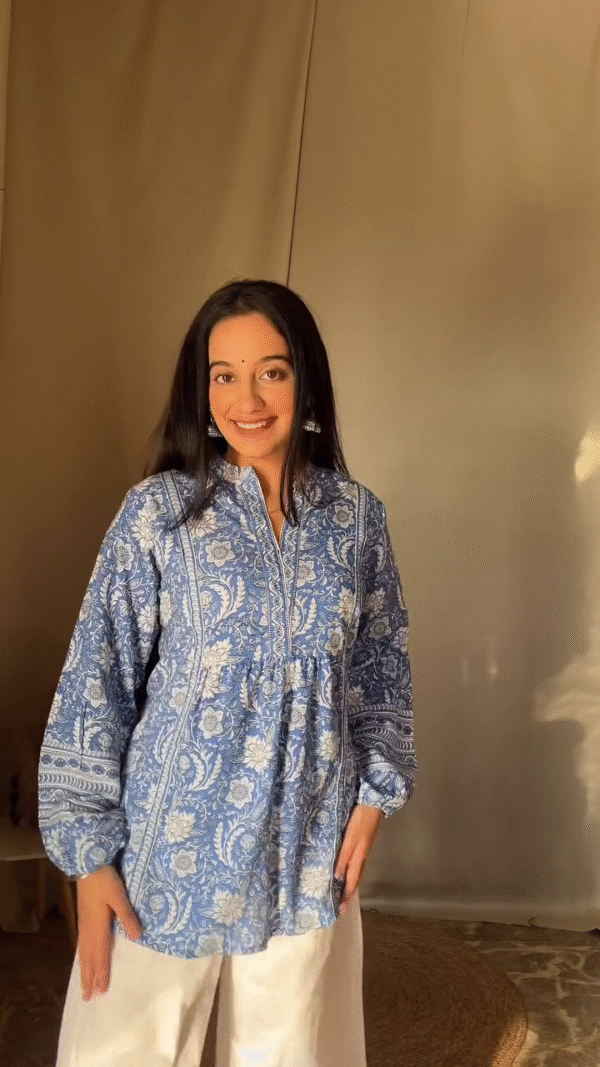 Pure Cotton Floral Printed Short Kurtis for Women with 3/4th and Full Sleeves, Soft and Breathable Fabric, Traditional Block Print Design in Pink and Blue Variants, Perfect for Daily Wear, Work, or Casual Outings - Image 2