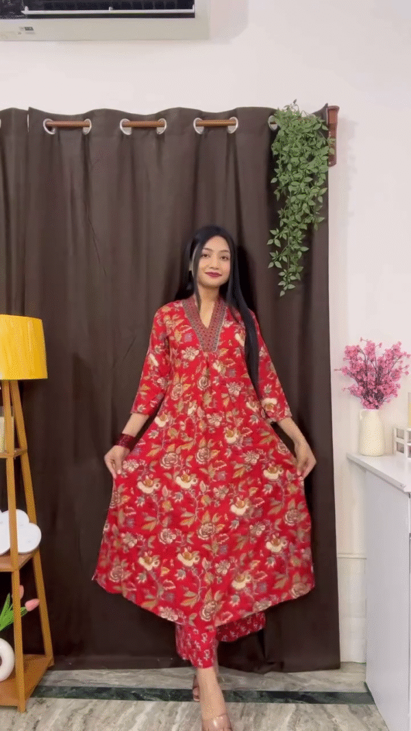 Dual Suit Set Collection Featuring Mustard Yellow Ikat Print Cotton Straight Kurta with Matching Dupatta and Bottom, Paired with Soft White and Pink Floral Printed Anarkali Suit Adorned with Detailed Rose Motifs, Contrasting Printed Dupatta, and Subtle Embellishments – Perfect Blend of Traditional Charm and Everyday Comfort - Image 2