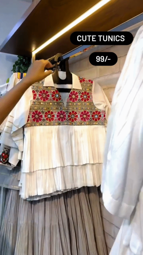 Elegant White Pleated Tunics with Vibrant Multicolor Embroidered Yoke and Collar Neck Detailing – Perfect for Festive and Casual Wear - Image 2
