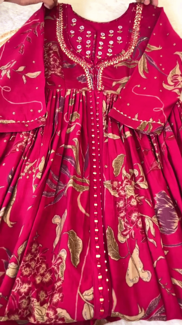 Maroon Floral Printed Anarkali Kurta with Intricate Mirror Work, Thread Embroidery on Neckline and Sleeves, and Flared Silhouette – Ideal for Festive and Traditional Wear - Image 2