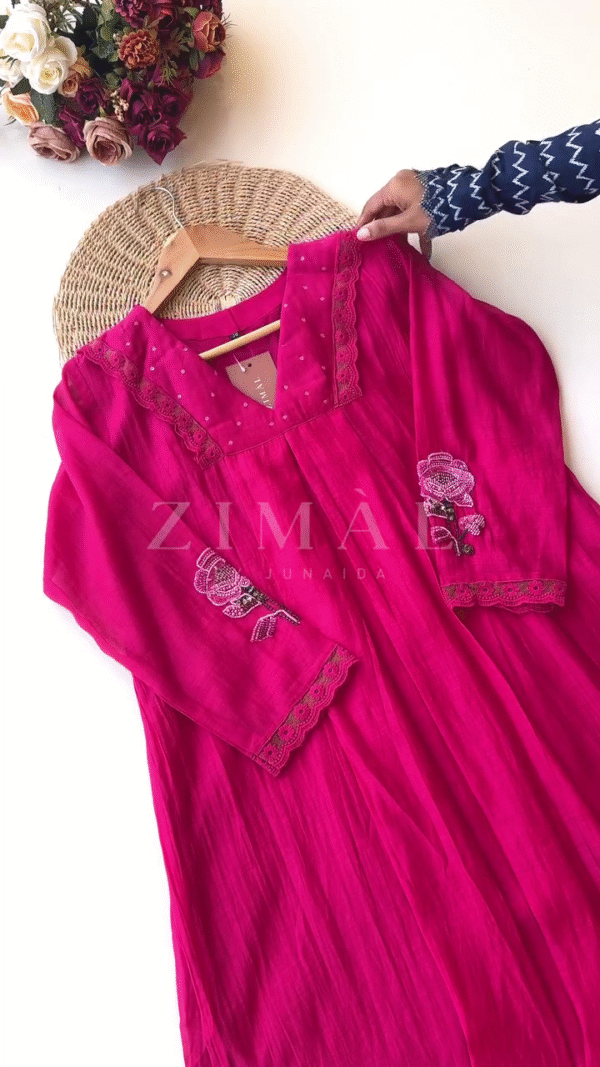 Dual-Tone Chikankari Embroidered Suit Set with Intricate Lace Detailing and Matching Dupatta – Featuring Cream and Magenta Kurta Ensemble with Floral Thread Work on Sleeves and Neckline, Ideal for Festive and Ethnic Occasions - Image 3