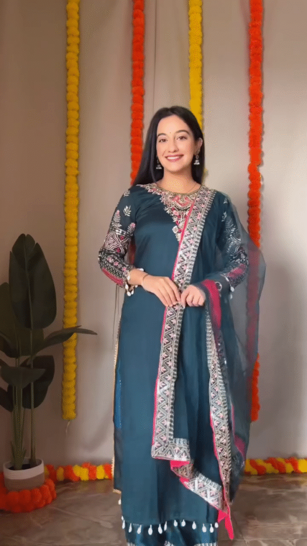 Punjabi Suit Set Featuring Intricate Multicolor Embroidery, Mirror and Sequin Work with Coordinated Dupattas In Multi Shades – Perfect for Festive and Traditional Celebrations - Image 2