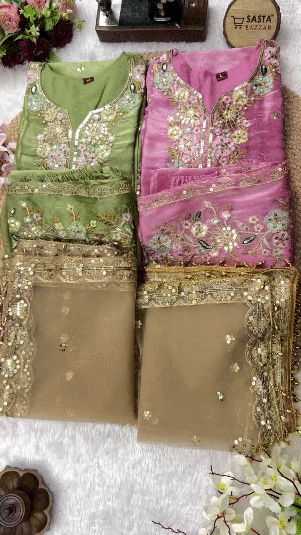 Elegant Women's Ethnic Wear Set – Premium Embroidered Silk Kurti with Sequin & Mirror Work, Matching Dupatta & Bottom – Available in Multiple Festive Colors - Image 2