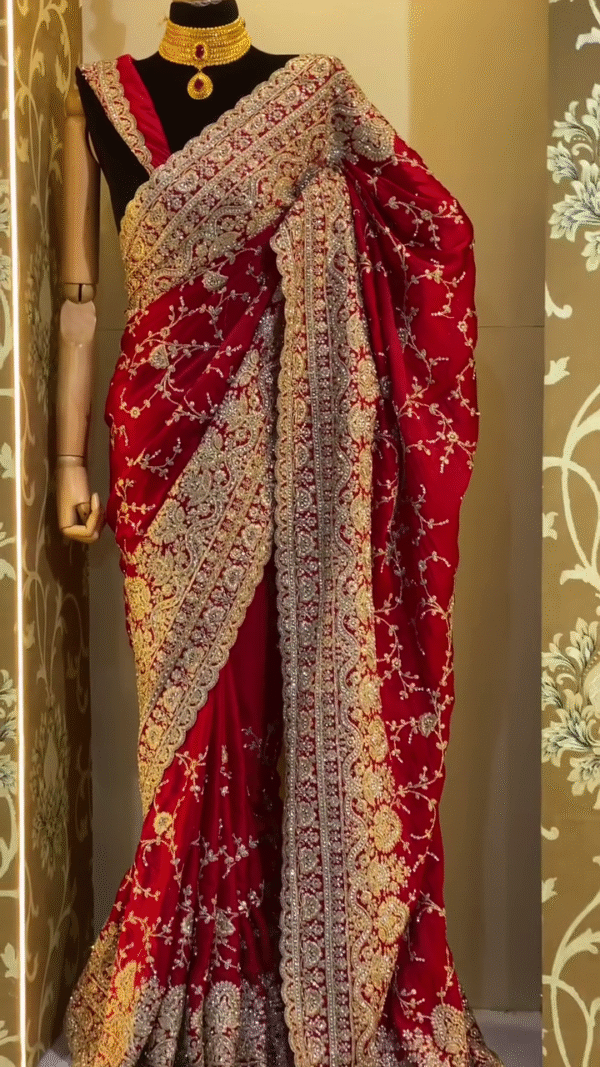 Bridal Wear Heavy Embroidered Red Velvet Saree with Intricate Golden Zari and Sequin Work, Rich Designer Border, and Traditional Ethnic Detailing Perfect for Weddings and Festive Occasions