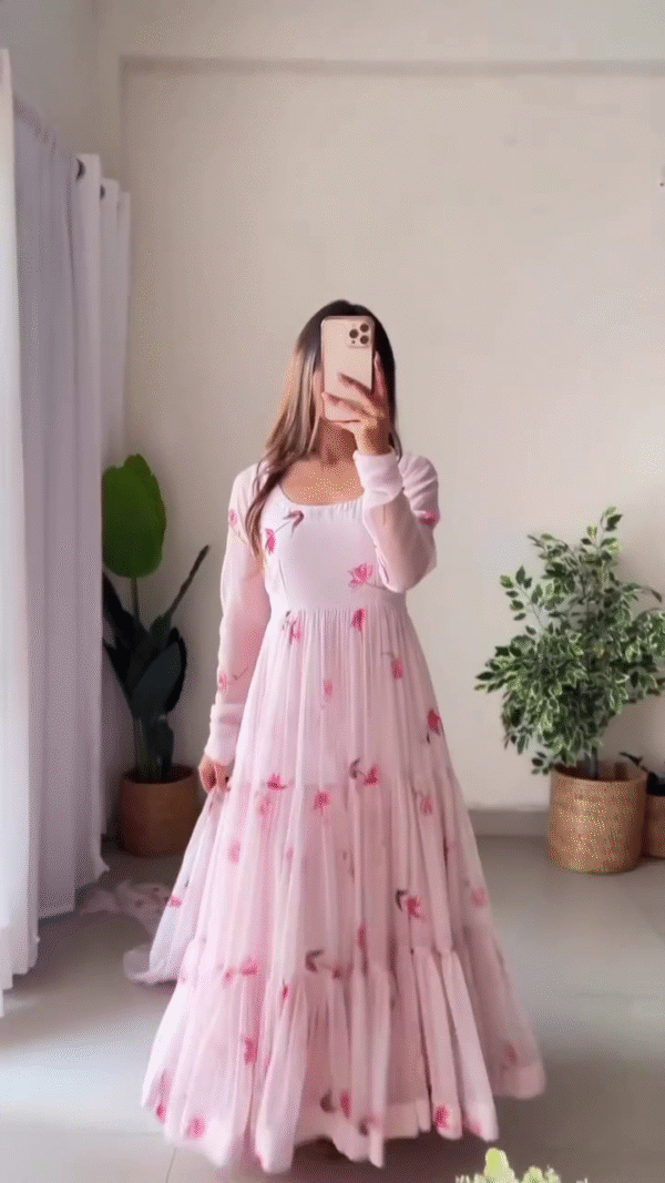 Light Pink Floral Printed Georgette Anarkali Gown with Full Sleeves, Square Neckline, Layered Flared Hem and Matching Dupatta for Festive and Ethnic Wear