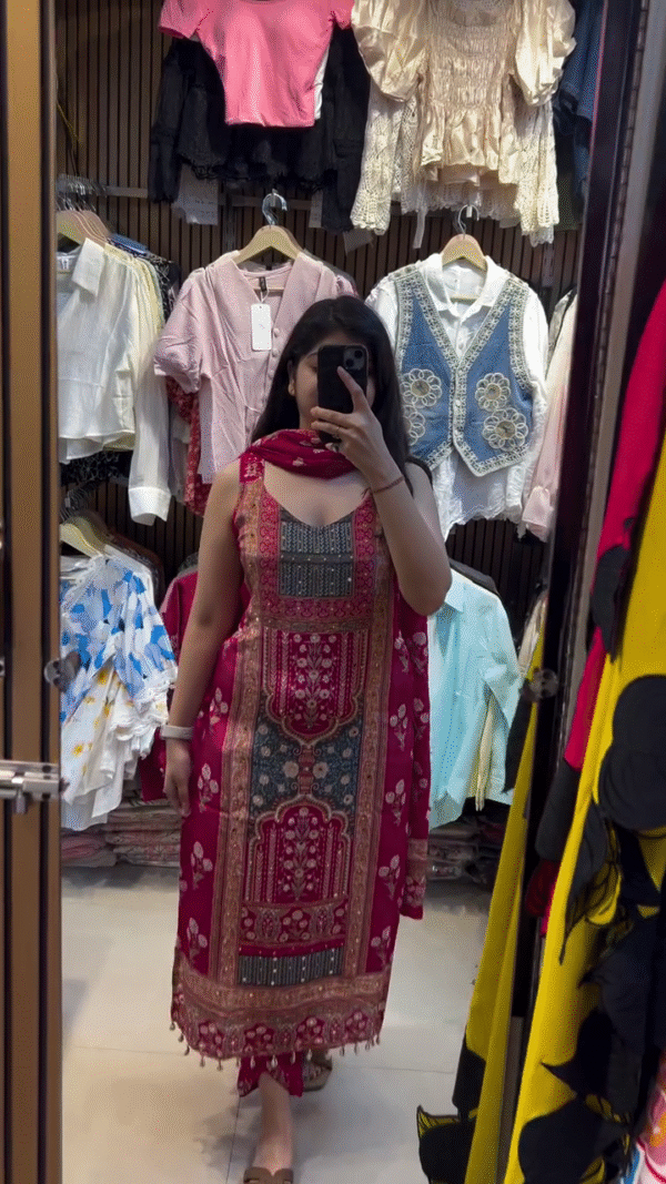 Traditional Women's Sleeveless Printed Cotton Kurti Set with Dupatta in Rich Maroon and Teal Tones Featuring Intricate Ethnic Motifs and Embroidered Detailing – Perfect for Festive and Casual Occasions
