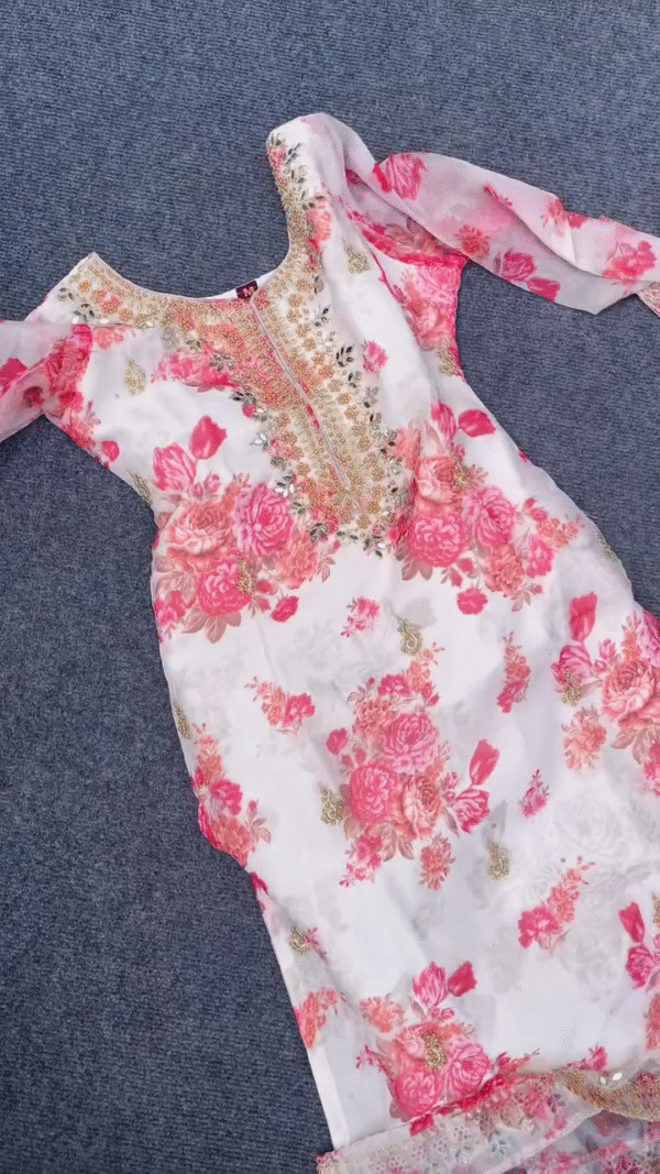 White and Pink Floral Embroidered Organza Kurta with Sequin Work, Matching Dupatta with Golden Lace Detailing, and Soft Cotton Bottom – Ethnic Wear Set by Locker Chronicles