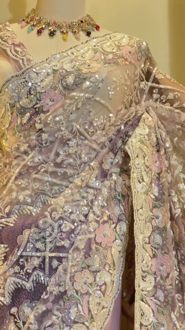 Designer Pastel Pink and Lavender Net Saree with Heavy Floral Embroidery, Sequin and Stone Work, Intricate Cutwork Border, and Sheer Elegant Finish Perfect for Parties, Weddings, and Special Occasions - Image 3