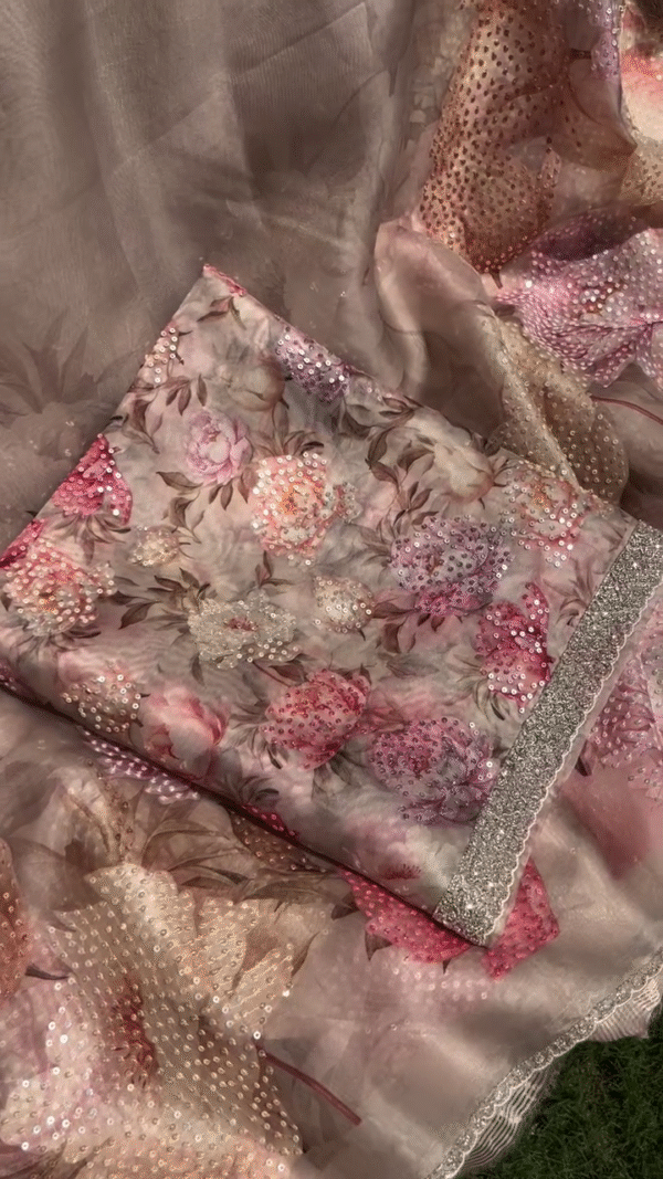Soft Organza Saree in Subtle Pastel Shades Featuring All-Over Floral Digital Print and Intricate Sequins Embroidery with Designer Silver Zari Border – Perfect for Festive and Wedding Occasions - Image 2