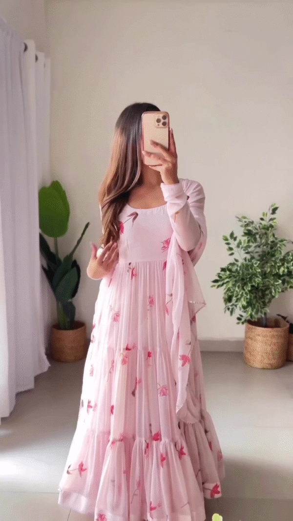 Light Pink Floral Printed Georgette Anarkali Gown with Full Sleeves, Square Neckline, Layered Flared Hem and Matching Dupatta for Festive and Ethnic Wear - Image 2
