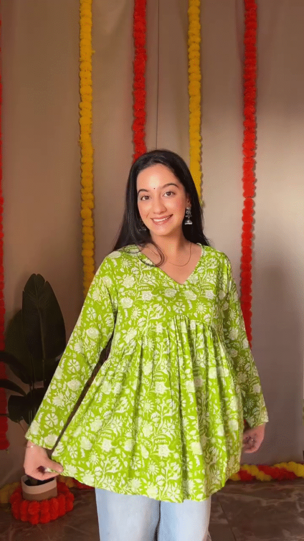 Floral Printed Cotton Peplum Top for Women with V-Neckline and Full Sleeves In Multi Shades– Elegant Ethnic Fusion Wear for Casual and Festive Occasions - Image 2