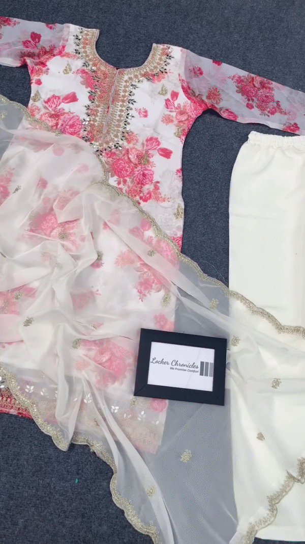 White and Pink Floral Embroidered Organza Kurta with Sequin Work, Matching Dupatta with Golden Lace Detailing, and Soft Cotton Bottom – Ethnic Wear Set by Locker Chronicles - Image 2