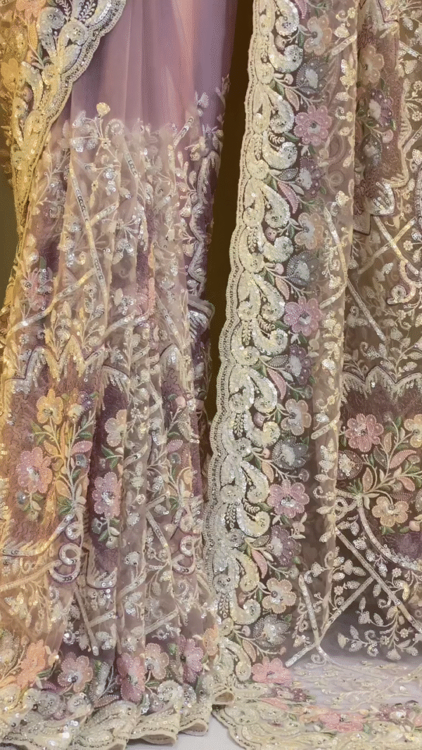 Designer Pastel Pink and Lavender Net Saree with Heavy Floral Embroidery, Sequin and Stone Work, Intricate Cutwork Border, and Sheer Elegant Finish Perfect for Parties, Weddings, and Special Occasions - Image 2