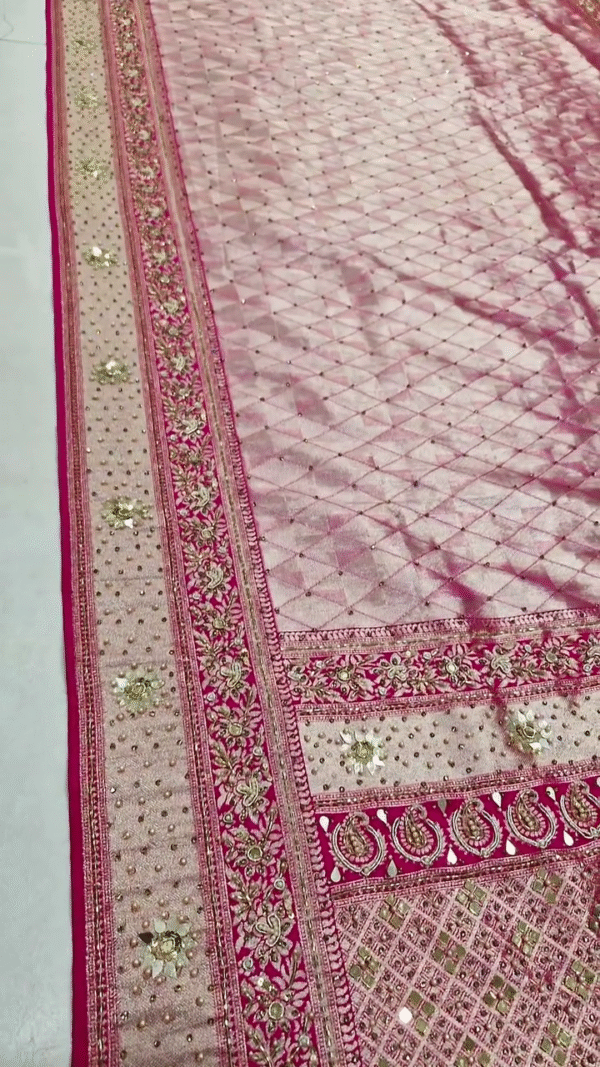 Designer Soft Net Pink Saree with Heavy Mirror Work, Intricate Embroidery, Stone Detailing, and Embellished Floral Borders with Tassel Pallu – Ideal for Wedding and Festive Occasions - Image 2