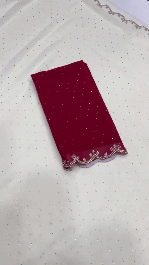 Off-White and Maroon Soft Net Saree with Delicate Stone Work and Intricately Embroidered Scalloped Borders – Perfect for Ethnic and Festive Wear - Image 3