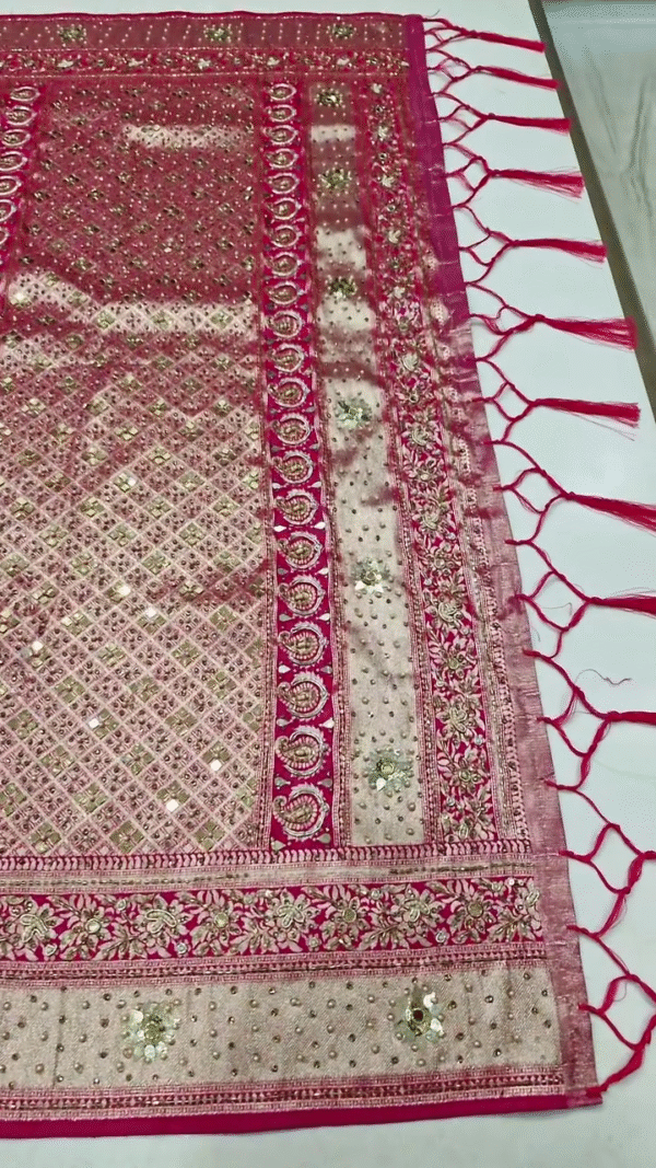 Designer Soft Net Pink Saree with Heavy Mirror Work, Intricate Embroidery, Stone Detailing, and Embellished Floral Borders with Tassel Pallu – Ideal for Wedding and Festive Occasions - Image 3