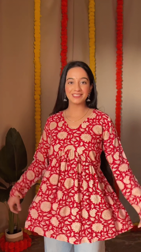 Floral Printed Cotton Peplum Top for Women with V-Neckline and Full Sleeves In Multi Shades– Elegant Ethnic Fusion Wear for Casual and Festive Occasions - Image 3