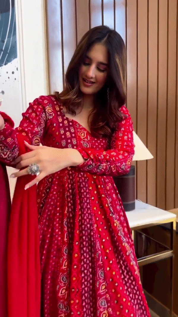 Red Bandhani Print Flared Anarkali Kurta Set with Dupatta and Matching Potli Bag Featuring Full Sleeves Sweetheart Neckline Traditional Ethnic Wear for Festive and Special Occasions - Image 3