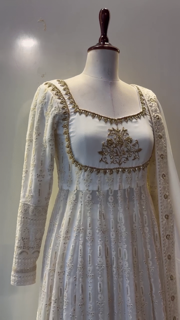 Off-White Georgette Anarkali Suit with Intricate Golden Embroidery, Sequins Detailing, Flared Hem, Square Neckline, Full Sleeves, and Matching Embellished Dupatta – Perfect for Festive and Wedding Occasions - Image 2