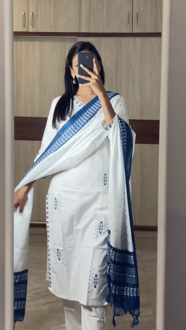 Dual Cotton Suit Set Featuring White Straight Kurta with Indigo Tribal Print Accents and Contrasting Blue Dupatta, Paired with Pink Textured Kurta Adorned with White Thread Embroidery, Striped Pants, and Solid Dupatta – Perfect for Casual and Festive Daywear