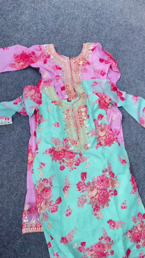 Elegant Floral Embroidered Organza Suit Set for Women with Designer Neck Work and Sequin Detailing, Stylish Semi-Stitched Kurti with Matching Dupatta and Bottoms in Vibrant Festive Colors