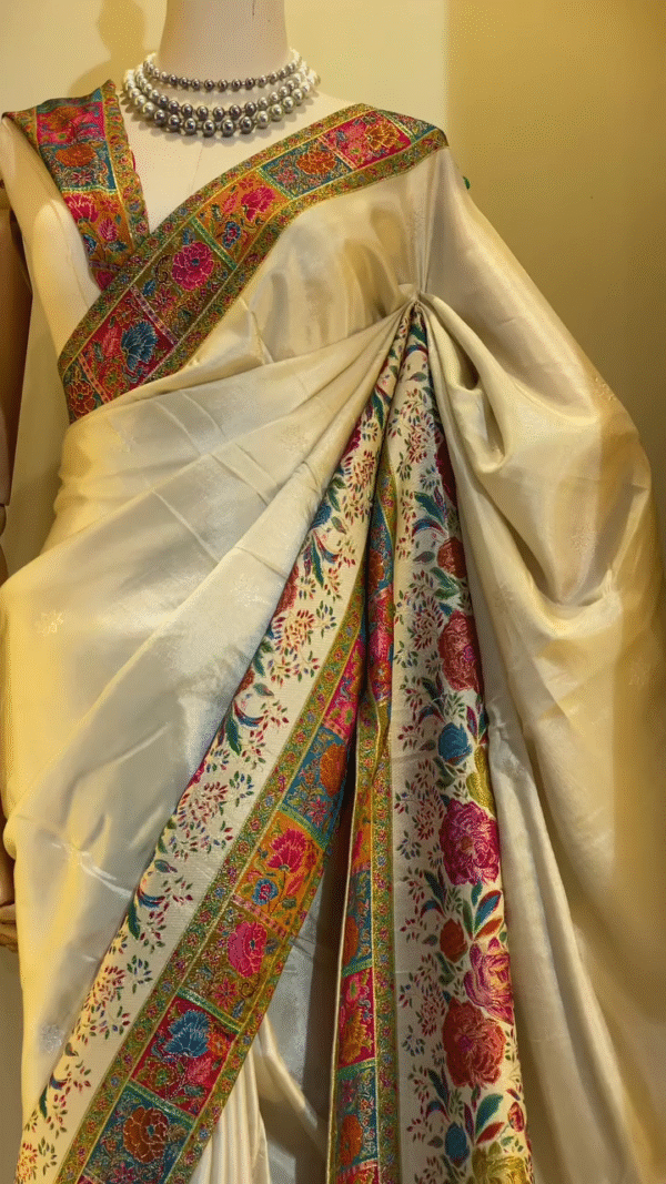 Elegant Cream Banarasi Silk Saree with Multicolor Floral Jaal Weaving, Rich Contrasting Zari Border, Traditional Pallu Design, and Intricate Meenakari Detailing Perfect for Festivals, Weddings, and Cultural Celebrations - Image 2