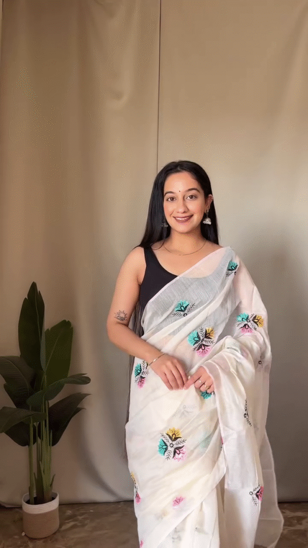 Elegant White Organza Saree with Colorful Floral Embroidery and Graceful Purple Cotton Saree with Subtle Thread Work – Perfect Lightweight Combo for Festive and Casual Occasions