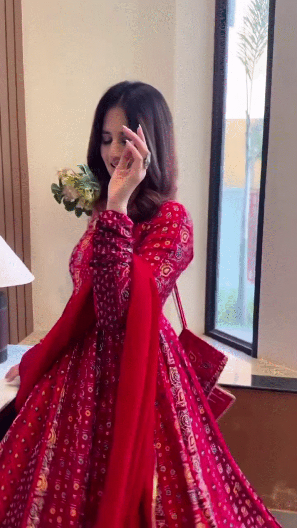 Red Bandhani Print Flared Anarkali Kurta Set with Dupatta and Matching Potli Bag Featuring Full Sleeves Sweetheart Neckline Traditional Ethnic Wear for Festive and Special Occasions - Image 2
