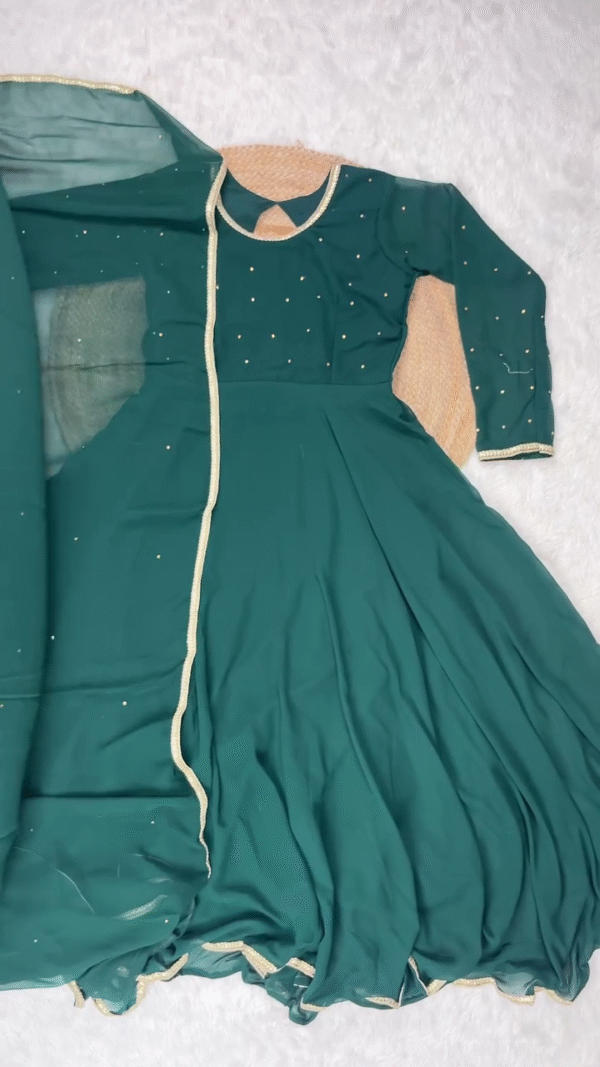 Bottle Green Georgette Anarkali Kurta Set with Subtle Golden Sequin Embellishments, Matching Net Dupatta with Contrasting Lace Border, and Coordinated Bottoms – Perfect for Festive Celebrations and Traditional Occasions - Image 2
